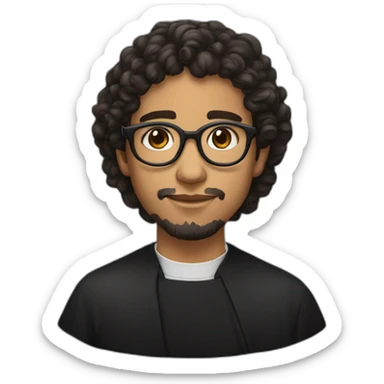 young mexican catholic priest beard, curly hair, with rounded glasses and clerygman sticker