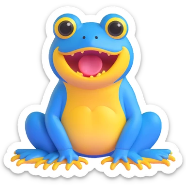 blue frog with a big yellow mouth and wide eyes, sitting, looks silly and sweet, suitable for kids, daily expression, circle time helper sticker