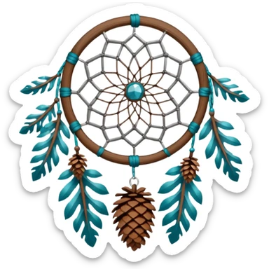 Winter-themed snow-covered spruce pine wooden pinecones and nuts dreamcatcher with white feathers, silvery chains and teal leaves sticker