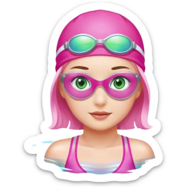 pretty girl with green eyes pink swim cap holographic swimming glasses and cute profesional swimmer pink swimsuit without her hair visible swimming sticker
