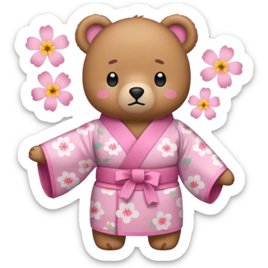 A cute light-brown bear wearing a pastel pink sakura-patterned kimono, normal balanced body ratio.  
Tilting head slightly with a confused face, a big floating question mark above the head.  
Kawaii emoji style, minimalistic clean sticker illustration, white background. sticker