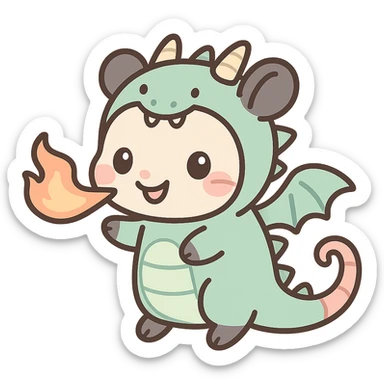 cute cartoon possum breathing fire, dressed as a dragon with wings, kawaii style sticker