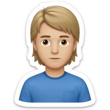 boy with dark blonde hair in a mullet with a neat blue shirt (blouse) sticker