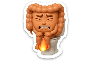 SU QUESTO STILE FAI UN EMOJI STILE IPHONE 3D DI UN INTESTINO CHE sta seduto sul wc e dal wc in mezzo alle sue gambe esce una fiamma stile emoji iphone, FAGLI UN ESPRESSIONE di dolore mentre si sforza E FALLO MOLTO REALISTICO IN 3D sticker