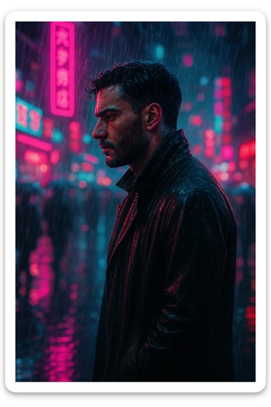 Transform the person in the reference image into a cinematic cyberpunk portrait. Depict a man walking through a neon-lit futuristic city at night with heavy rain, wearing a soaked trench coat. Show neon reflections on the wet street, dramatic side profile, and a serious expression. Use vibrant pink and blue ambient lighting from neon signs, a busy urban street with motion blur of rushing crowd, and shallow depth of field. Emulate a shot on 35mm film with a 35mm lens, aperture f/1.4. Lighting should include ambient neon and rim lighting. Colors to emphasize neon cyan, magenta, purple, electric blue, and hints of deep red. Convey an introspective, tense, noir detective mood with a moody Blade Runner atmosphere. Add analog film grain and slight chromatic aberration in post-processing. sticker