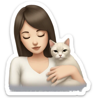 brunette white girl with bangs sleeping with her fluffy siamese cat sticker
