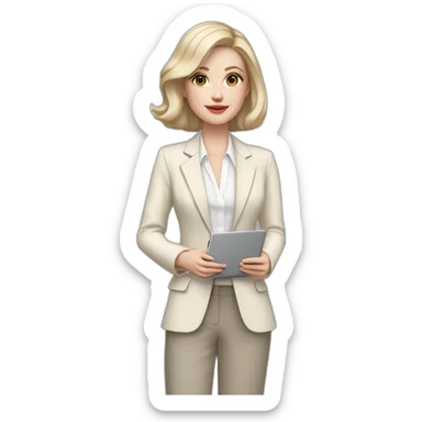 pale skin woman with ash blonde Straightened bob Hair, White Spacious classical jacket, beige palazzo Arrow pants and gray blouse holding a MacBook in the hands sticker