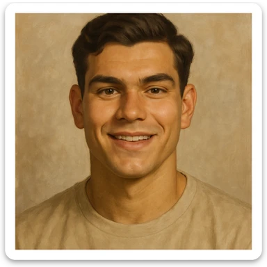 portrait of a young man, early twenties, square face, strong jawline, prominent cheekbones, broad forehead, thick arched eyebrows, hazel almond eyes, prominent eyelids, wide nose bridge, upturned nose tip, full lips, thinner upper lip, wheat skin, dark brown wavy hair combed right to left, normal ears, sincere happy smile, semi-realistic style sticker