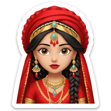 a pretty bratz fair indian girl wearing a red indian wedding outfit with dupatta on head,  golden jewellery, black wavy hair sticker