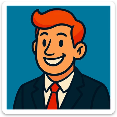 Headshot of a red-haired man in a black suit with a red tie, smiling, showing only the head and a bit of the torso, no beard, vibrant toon style. sticker
