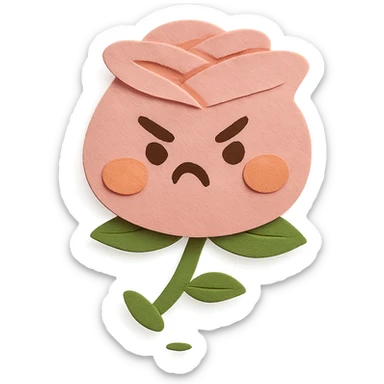 soft pink rose flower with puffed cheeks and an angry pouty face, stomping adorably, pastel tones, chibi round shape, paper-craft style sticker