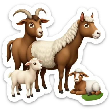 Icon for Domestic Hooved Animals: A gentle collage featuring a brown goat with large, curious eyes, a calm sheep with soft wool and a horse with a flowing mane. Background with a green pasture and a few hay bales. Transparent background. sticker