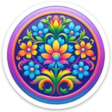 A round psychedelic colored button with rainbow colored damask style hippie flowers around the edges sticker