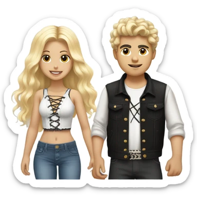 A black hair boy with a redneck cloths with a blonde girl wearing a Shakira lace up croc top  sticker