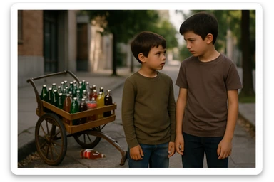 Bir g'ildiragi singan ichimliklar ortilgan arava uning yonida aka uka bir biriga havotirli nigoh bilan qarab turibdi realistik uslubda yuzi ko'rinmasin sticker