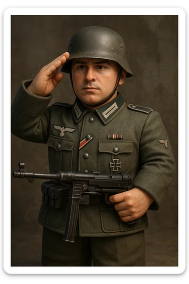 World War II soldier inspired by Roblox style, realistic skin texture, saluting and holding an MP40, wearing a German uniform sticker