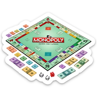 A photorealistic icon featuring a Monopoly board with property spaces, colorful game tokens, dice, and stacks of money. The design includes detailed textures of the board, cards, and tokens, capturing the essence of the Monopoly game. Transparent background, symbolizing Monopoly and board games. sticker