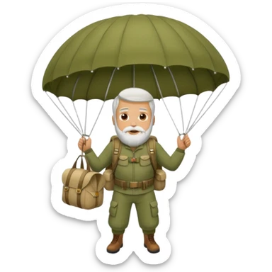 Man with a white beard in a khaki parachute sticker