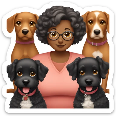 50 year old chubby woman with 03 dogs being a black poodle, a big ear caramel and a baby shorthair caramel sticker