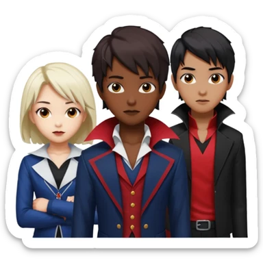 Solo poly platonic relationship, one is south African girl, one is Asian boy, one is biracial features Asian tomboy girl with anime short hair with long hair, vampire and marvel cosplay elements inspired. sticker