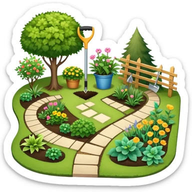 Icon for Landscape Design: a garden layout with plants, trees, paths, and design tools like a spade, pencil and measuring tape. The icon should represent creativity in outdoor space planning and gardening. Transparent background. sticker