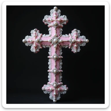 realistic gothic cross, pink and silver, with pearls and lace, photorealistic style, no background sticker