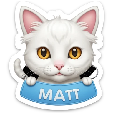 A WHITE CAT with a name tag that says mat sticker