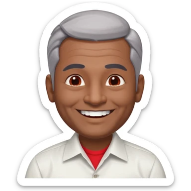 50 yr old indian man, dark skin, grey hair, big smile, white teeth, chubby, no moustache, clean shaven, young style hair, hair brushed back, 5 oclock shadow, bindy on forehead, dress shirt, red dot sticker