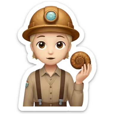 Shelly has a small, chibi-style body with a large ammonite-shaped head that looks like a beige fossil shell. One side of her head has a dark opening, making it clear she isn’t human. Her face is simple and soft, with big round eyes. She wears a brown suspender outfit over a lighter shirt sticker