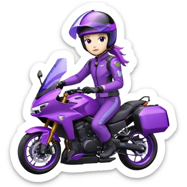 Créer un emoji copiable sur mon système iOS avec une moto mt07 noir mate / violet plus foncé que tu as et iridescent. le style de la mt07 doit être en sport. Avec pilote dessus visière violet bulle de la moto violet aussi. Avec fond arrière  violet  sticker