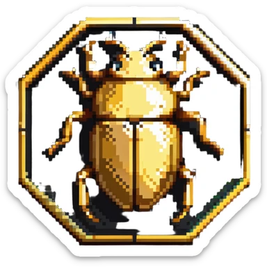 A golden hexagonal badge with a detailed beetle in the center, Discord bug hunter inspired sticker
