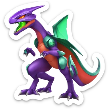 a shiny purple-green-red Genesect-Charizard-Raptor-Fakémon—hybrid with a futuristic visor-helmet full body sticker