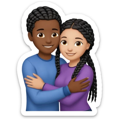 Dark black girl with black braids and dark tan white boy with curvy straight brown hair, they are hugging and smiling, and touching each other with their hands sticker