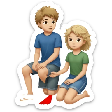 barefooted boy with messy hair putting his foot on a kneeling girl sticker