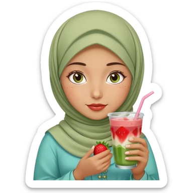 Turkish beautiful finish Konya girl blue eyes with beige and light green hijab islamic dress and had on her hand strawberry Matcha drink sticker