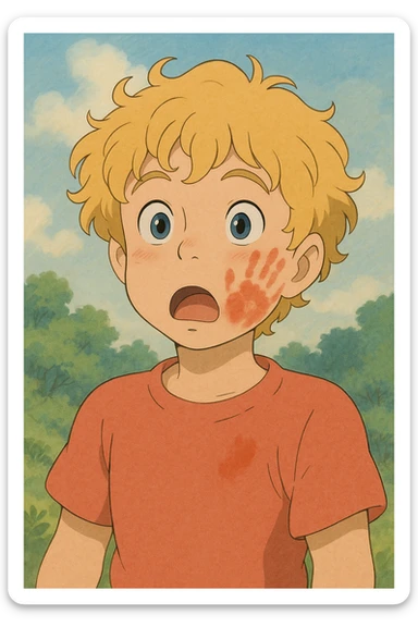 a surprised blond curly-haired boy with a red handprint on his cheek, ghibli style sticker