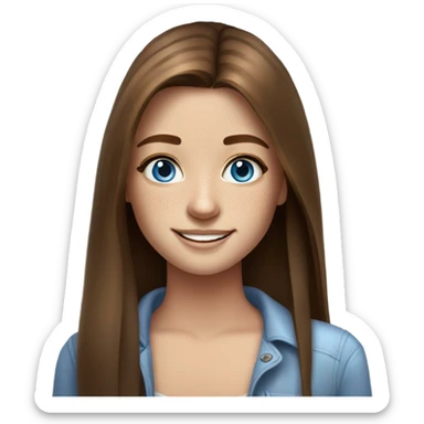 realistic portrait of smiling girl long straight brown hair freckles blue eyes hot sticker