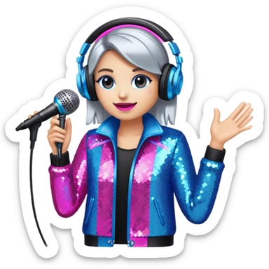 Create a vibrant and modern emoji that represents pop or stage vocal performance, focusing on the equipment and style. The design should feature a high-quality microphone, a stage monitor, and a sound mixing console, symbolizing the professional setup for pop vocals. Add elements like studio headphones, a soundboard with sliders, and an elegant stage costume (e.g., a sequined jacket or flashy stage attire) to reflect the glamour of stage performance. Use energetic colors like neon pink, electric blue, and silver to convey the high-energy nature of pop singing. The background should be transparent. sticker