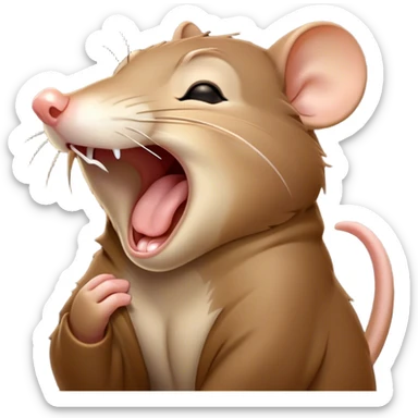 Cinematic Cute Yawning Brown Rat Portrait Emoji, Head tilted slightly with a dramatic, wide-open yawn, showcasing a soft, sleek brown coat with tiny drooping ears and half-closed eyes in drowsy contentment, Simplified yet irresistibly adorable features, highly detailed, glowing with a soft, cozy glow, high shine, relaxed yet expressive, stylized with a dash of urban charm, soft glowing outline, capturing the essence of a sleepy yet affectionate rat that seems ready to stretch out for a nap! sticker