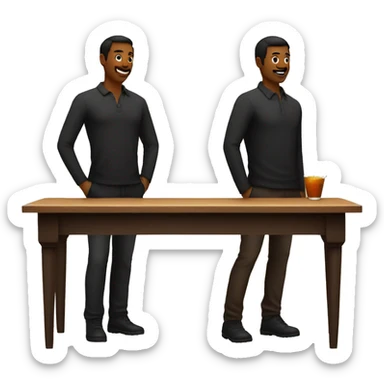 2 tables, 1 black and another brown with a man infront sticker
