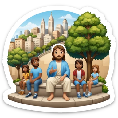 Jesus sitting on city steps, talking to a group of young people from various backgrounds, detailed cityscape with murals, benches, and trees sticker