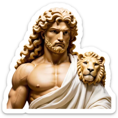 Cinematic Realistic Hercules Portrait, depicted as a classical Greek hero merging the fierce masculinity of the lion-wrestling Hercules with the refined face of Michelangelo's David. His light tan, chiseled skin glows with timeless strength, and his thick, curly, golden brown hair cascades in natural, sculpted curls reminiscent of a warrior’s mane. Draped in a flowing white robe with delicate golden accents and crowned with a traditional Greek laurel wreath, his intense, determined eyes exude noble might, all rendered under dynamic natural lighting with a mythic, radiant glow. sticker
