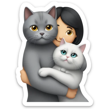 annoyend light gray british shorthair cat and a lady with a 2B black hair hugging the cat lovingly sticker