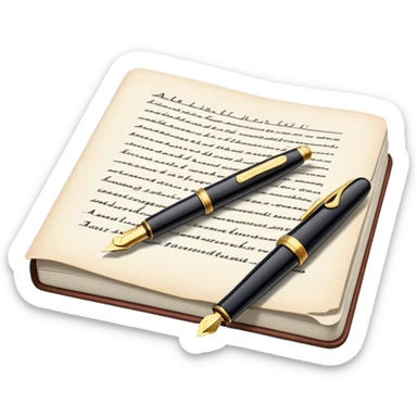 Create an emoji representing journalism and publicistic writing. The design should feature an open newspaper or a stack of articles with visible text columns, symbolizing opinion pieces and analysis. A classic fountain pen or ballpoint pen should be placed near the papers, indicating the act of writing. Optionally, include a small microphone or a press badge to emphasize investigative and journalistic aspects. Use neutral and professional colors like black, white, and muted blue or red. Do not include any emojis or smiley faces. Make the background transparent. sticker
