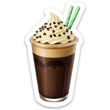 Vaso de vidrio con Frappé color café, crema en la parte superior con popote verde insertado en la crema, agregar encima de la crema chispas de chocolate y una galleta redonda color café oscuro tipo Oreo. sticker