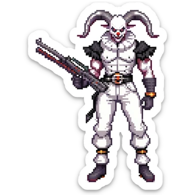 full-body muscular demonic clown, battle-ready, black and white leisure suit with bellbottom pants, bald, black ram horns, flashy black and white belt, ruffled white shirt, no neck tie, large fangs, holding very large futuristic rifle sticker