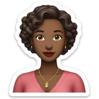 She has soft features, fair skin, and almond-shaped eyes. Her defined eyebrows and natural pink lips frame her face. Her dark, wavy hair is partially tied back, giving her an elegant yet relaxed look. She wears a luxurious red V-neck dress.
 sticker
