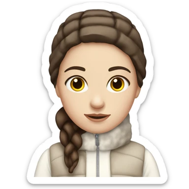 white girl with straight brown hair and dark brown eyes wearing a white and brown winter outfit sticker