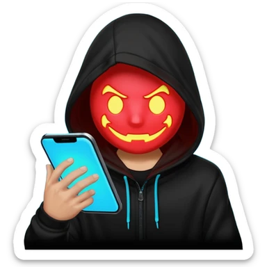 Black-hooded neon hacker emoji, red and cyan glow only, slamming glowing text “FTHESCAMMERS” with impact flash, aggressive anti-scam vibe, smooth 2-second loop, transparent background, Discord sticker style, no new colors. sticker