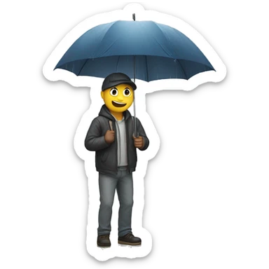 Guy standing against wall holding umbrella  in pouring rain  sticker